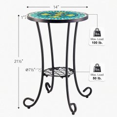 Patio auxiliary table and plant support, 21 "auxiliary table topped with 14" tile for porch, garden, interior and exterior trim, living room, bedroom, balcony, furniture