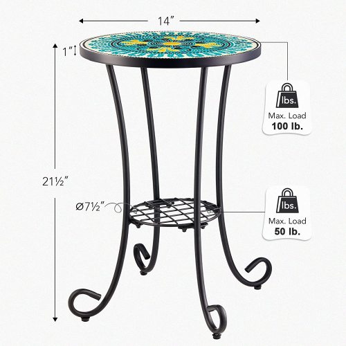 Patio auxiliary table and plant support, 21 "auxiliary table topped with 14" tile for porch, garden, interior and exterior trim, living room, bedroom, balcony, furniture