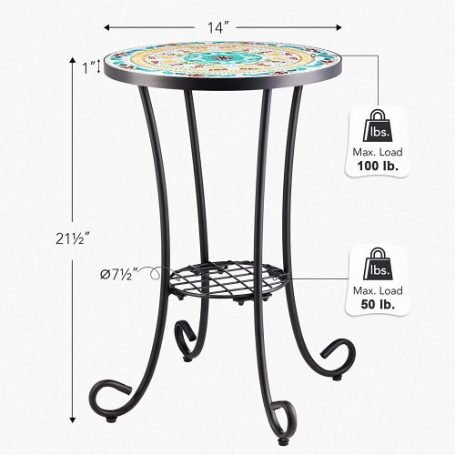 Patio auxiliary table and plant support, 21 "auxiliary table topped with 14" tile for porch, garden, interior and exterior trim, living room, bedroom, balcony, furniture