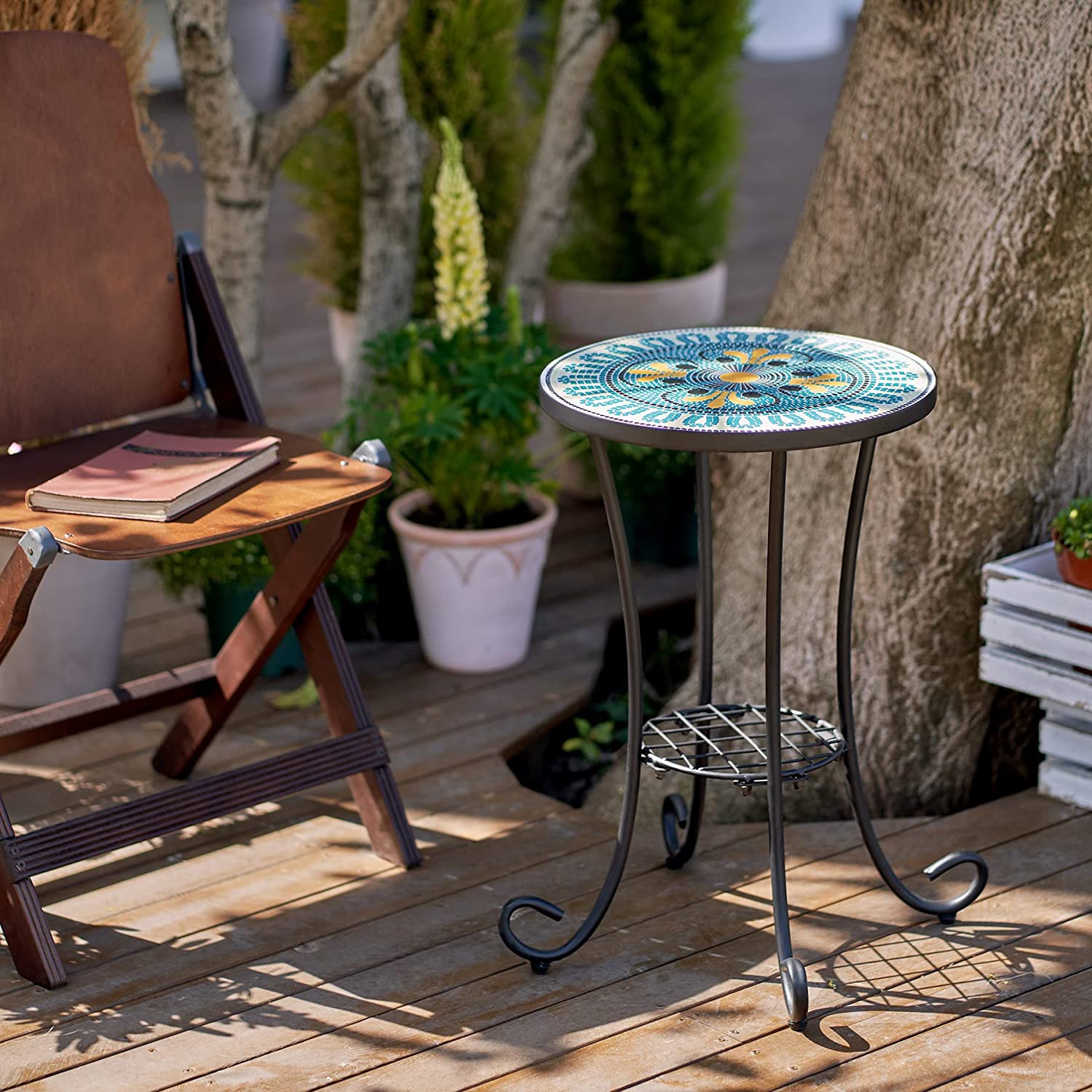 Patio auxiliary table and plant support, 21 "auxiliary table topped with 14" tile for porch, garden, interior and exterior trim, living room, bedroom, balcony, furniture
