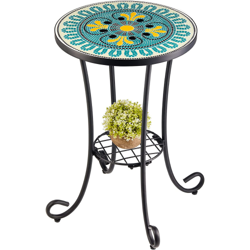 Patio auxiliary table and plant support, 21 "auxiliary table topped with 14" tile for porch, garden, interior and exterior trim, living room, bedroom, balcony, furniture