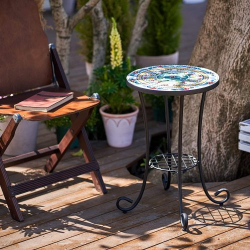 Patio auxiliary table and plant support, 21 "auxiliary table topped with 14" tile for porch, garden, interior and exterior trim, living room, bedroom, balcony, furniture