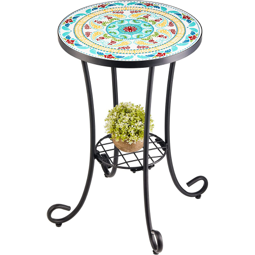 Patio auxiliary table and plant support, 21 "auxiliary table topped with 14" tile for porch, garden, interior and exterior trim, living room, bedroom, balcony, furniture