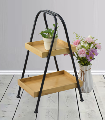Metal with Bamboo Plant Stand for Indoor Outdoor Use