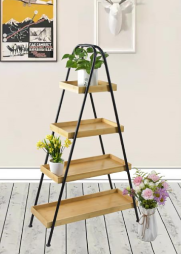 Metal with Bamboo Plant Stand for Indoor Outdoor Use