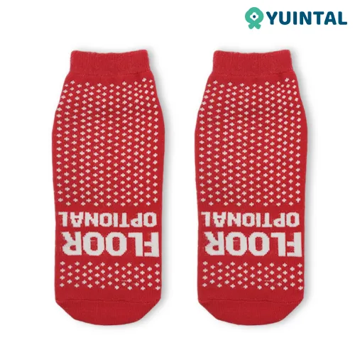Red custom trampoline park socks showing knitted upper graphics
