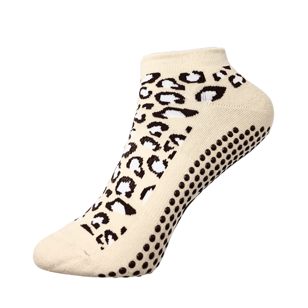beige ankle grip socks with full-sole silicone dot pattern shown from side view for indoor floor traction