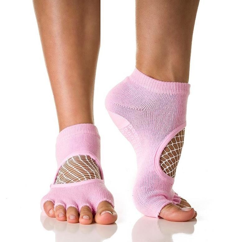 Pink grip socks with open toe and mesh design, featuring silicone traction pads for better grip during balance exercises