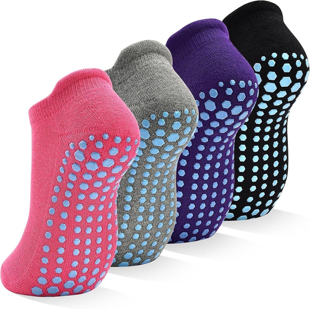 Colorful grip socks with hexagon silicone anti-slip patterns on sole, suitable for yoga, pilates, and studio workouts