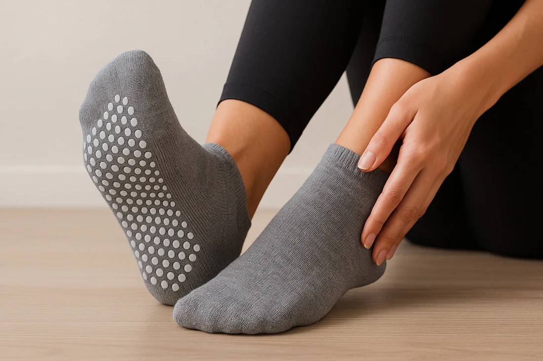 Gray grip socks with silicone anti-slip dots on the sole worn on an indoor floor