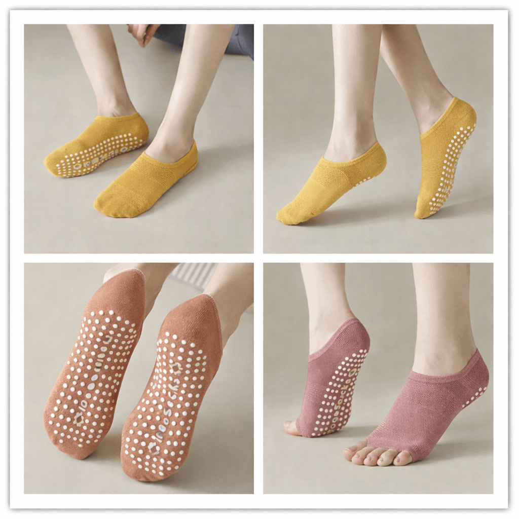 Private label yoga socks product collage, multiple colors non slip private label yoga grip socks and branded yoga socks styles