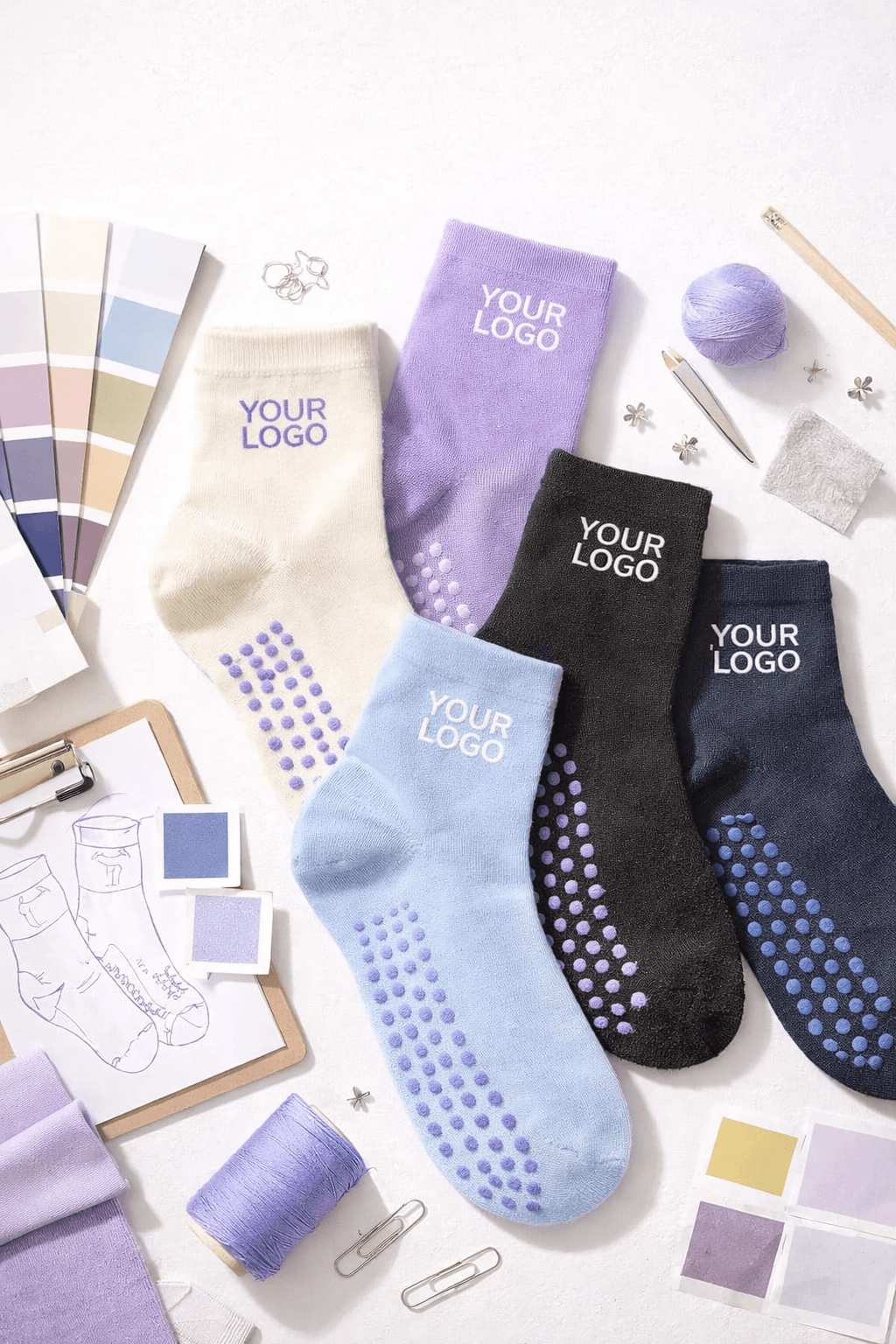 custom logo grip socks design process with color swatches and anti slip sole patterns