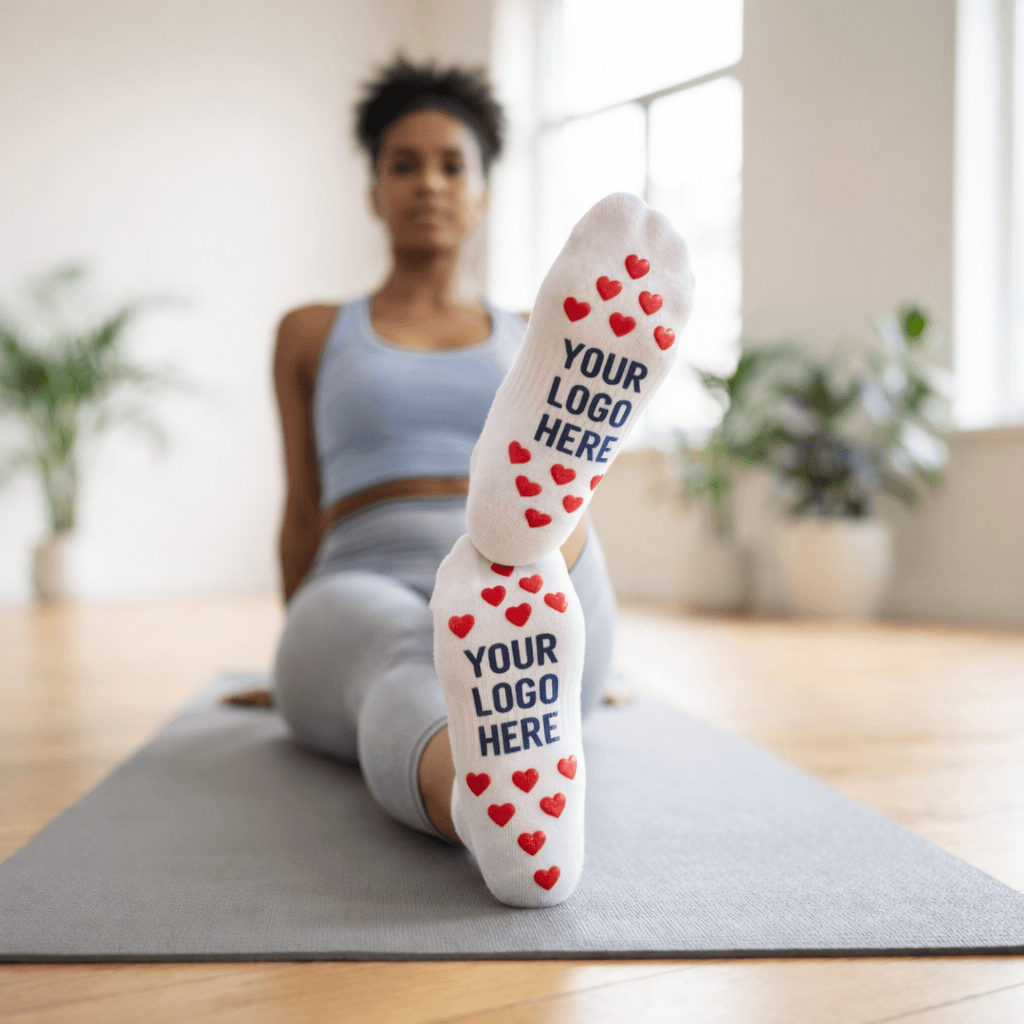 custom non slip socks with logo displayed in yoga studio, anti slip socks for pilates training and custom grip socks for fitness brands
