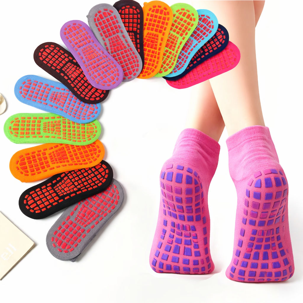 wholesale trampoline socks bulk display with multiple colors and grip sole patterns for trampoline park use