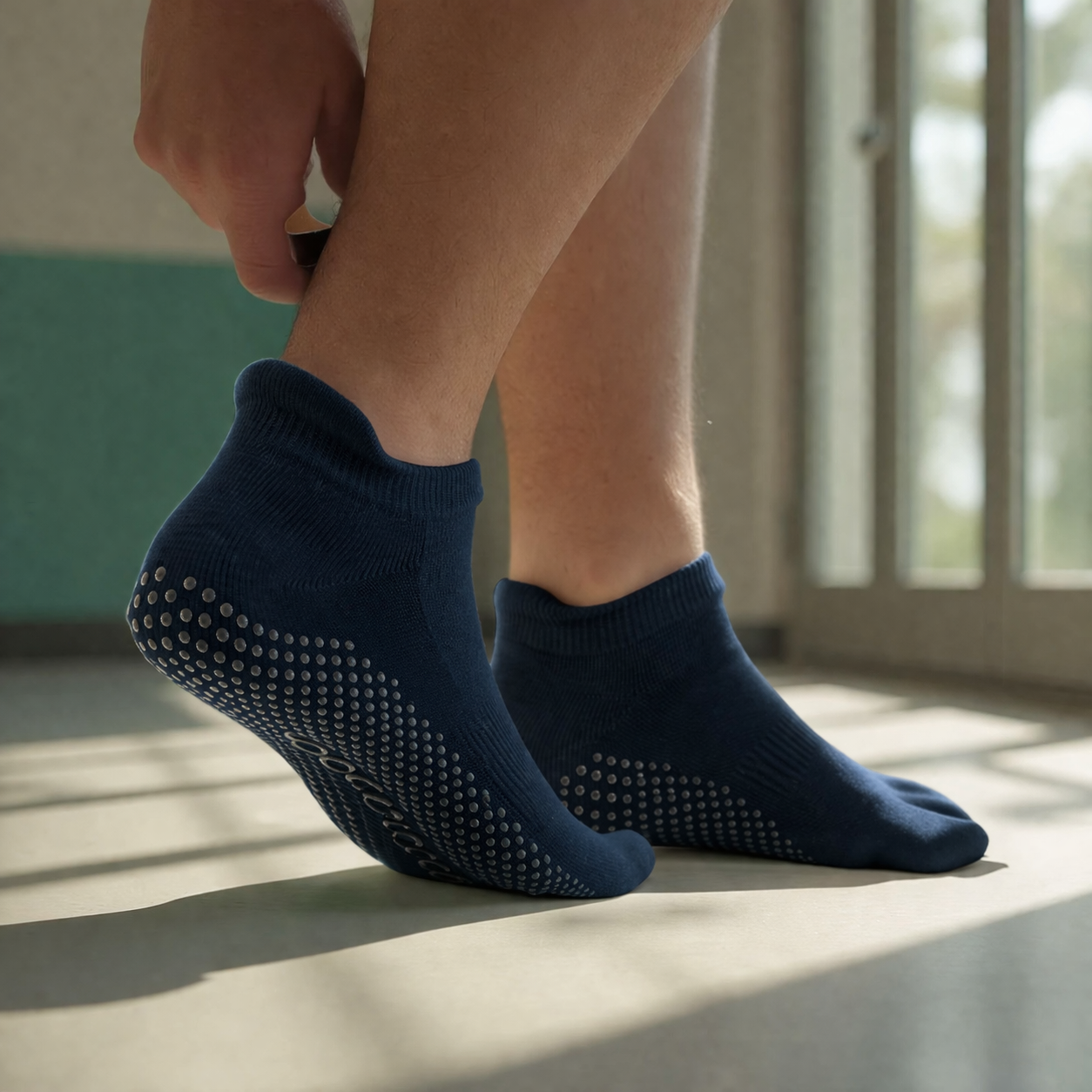 Navy blue low-cut non-slip grip socks for hospitals with silicone dots, premium medical socks bulk supply by trusted hospital non slip socks supplier, suitable for hospital, home care and fitness use.