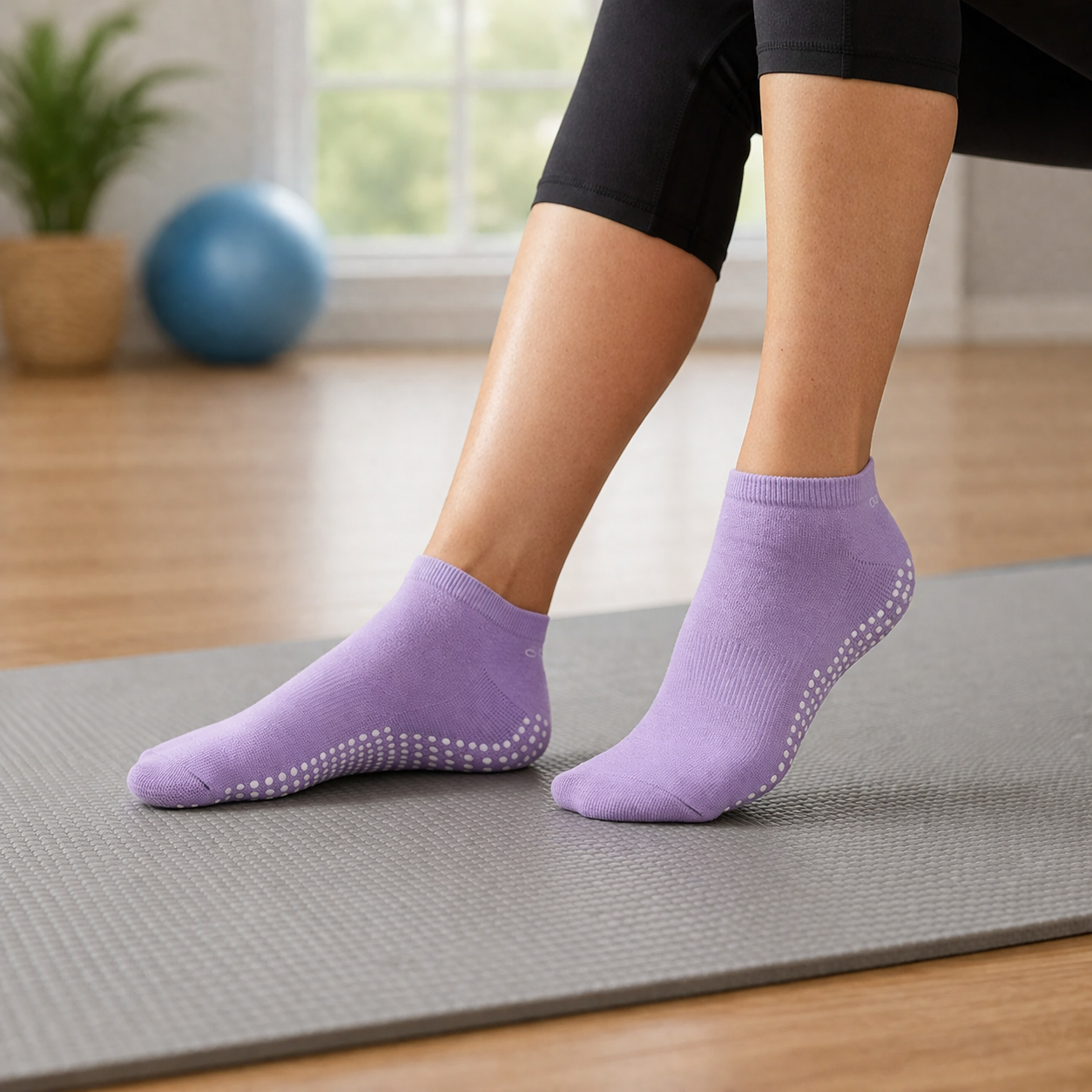 Purple low-cut grip socks for gyms with non-slip sole, premium fitness socks bulk available from professional gym grip socks supplier, ideal for gym, yoga and home workouts.