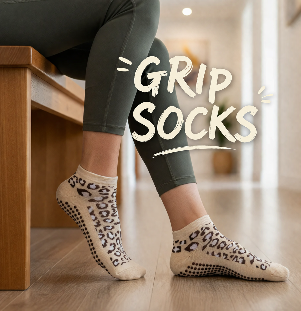 Grip socks distributor lifestyle image showing non slip grip socks on wooden floor, suitable for grip socks wholesale distributor and bulk socks distributor supply
