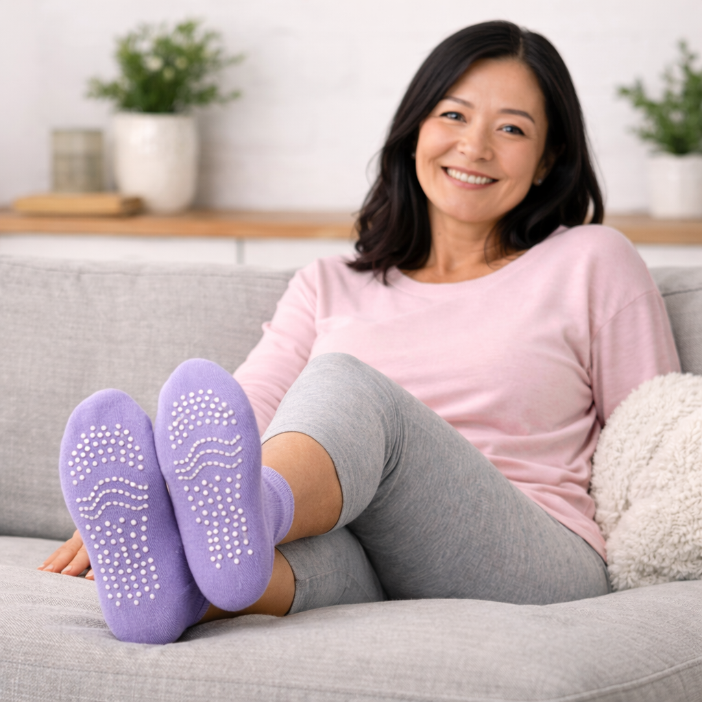 Asian woman relaxing on sofa wearing purple non-slip grip socks, comfortable lifestyle scene from a professional grip socks distributor and grip socks wholesale distributor