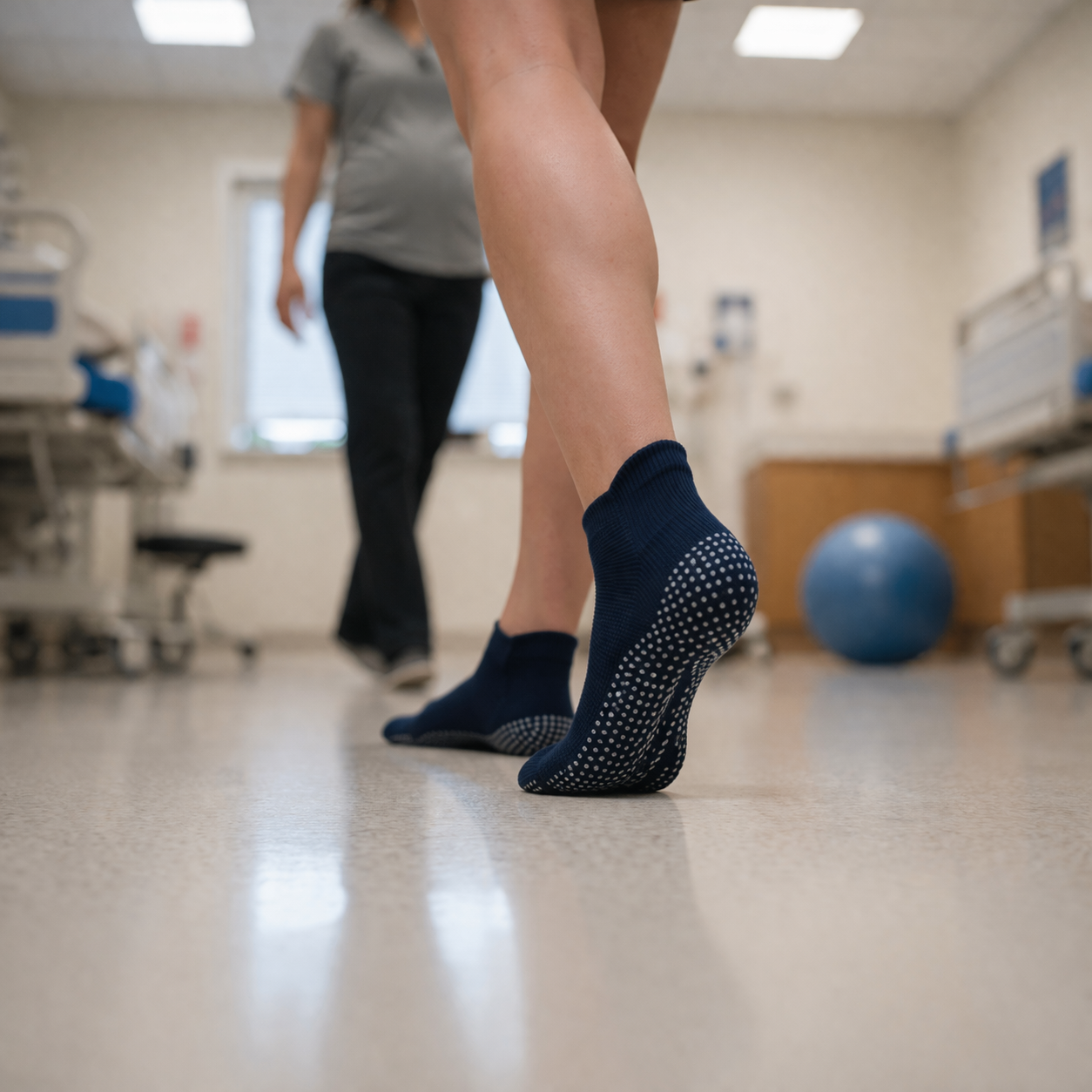 Navy blue ankle grip socks for hospitals with non-slip sole, durable medical socks bulk from professional hospital non slip socks supplier, perfect for patient mobility and physical therapy in hospitals.