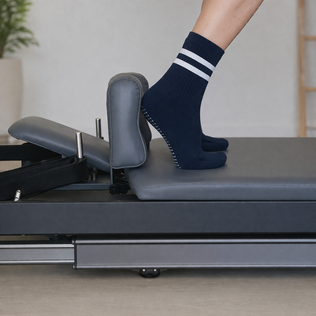  Navy blue striped crew grip socks for physical therapy with non-slip sole, durable therapy grip socks bulk options from reliable rehab socks supplier, great for pilates reformer and physical therapy sessions.