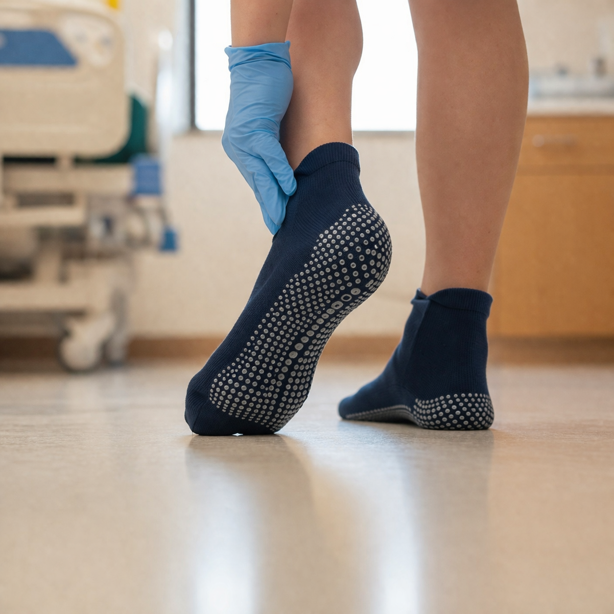 Navy blue hospital non-slip grip socks with full-sole anti-slip design, high-quality medical socks bulk available from professional hospital non slip socks supplier, ideal for patient care and fall prevention.