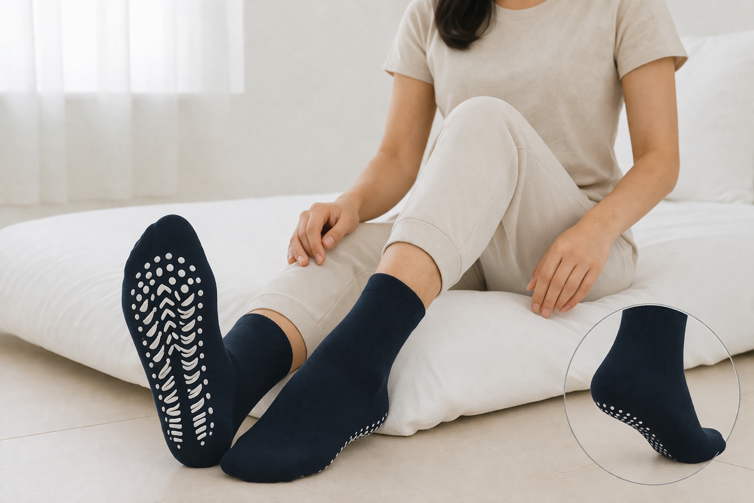 Navy blue crew non-slip grip socks for hospitals with full-sole anti-slip dots, supplied by professional hospital non slip socks supplier, ideal for medical socks bulk orders.