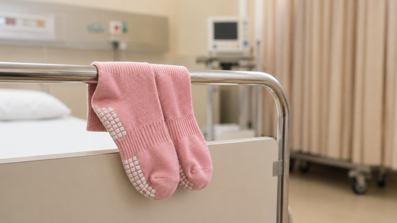 medical socks vs grip socks image featuring pink hospital grip socks with anti-slip soles placed on a hospital bed rail in a clinical care setting