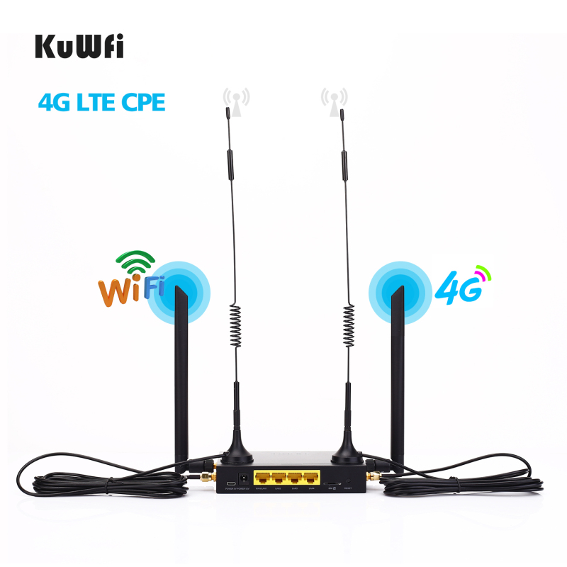 KuWFi 4G LTE Car WiFi Wireless Internet Router 300Mbps Cat 4 High Speed Industry CPE with SIM Card Slot and 4pcs External Antennas for USA