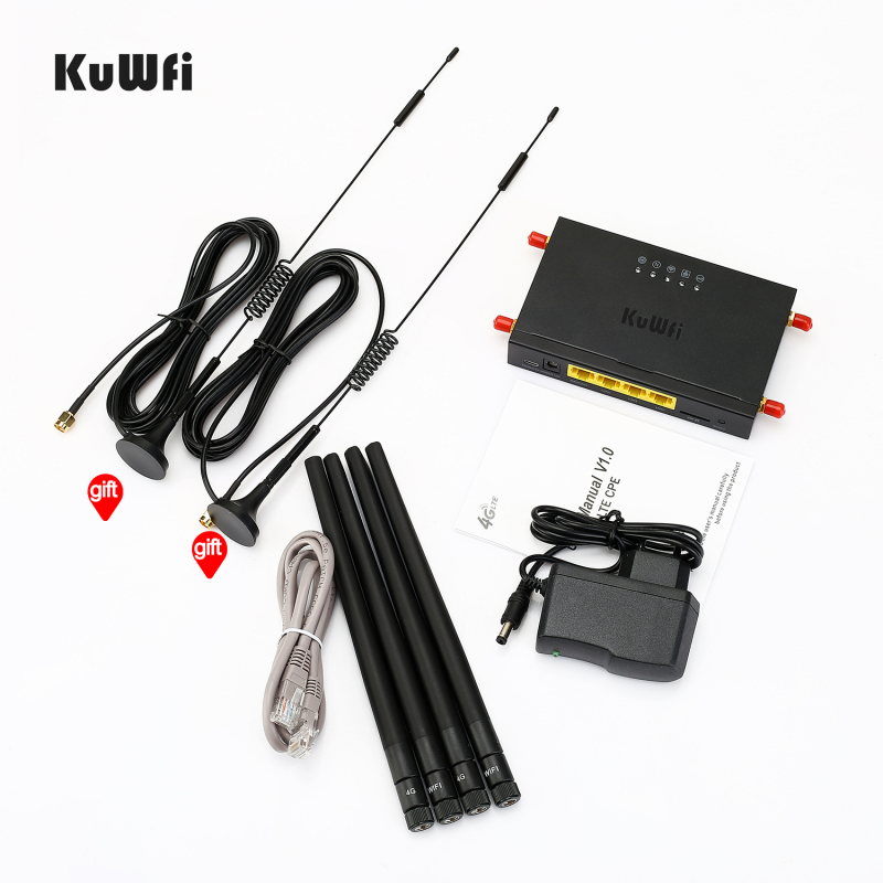 KuWFi 4G LTE Car WiFi Wireless Internet Router 300Mbps Cat 4 High Speed Industry CPE with SIM Card Slot and 4pcs External Antennas for USA