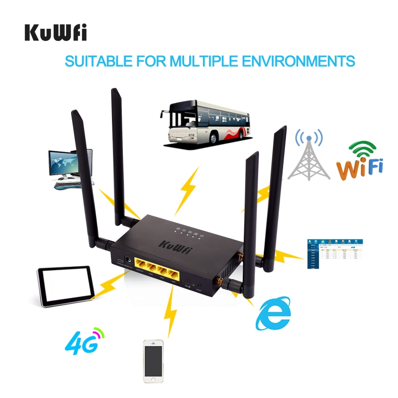 (EU version)KuWFi 4G LTE Car WiFi Wireless Router 300Mbps Cat 4 High Speed Industry CPE with SIM Card Slot and 4pcs External Antennas Support Europe