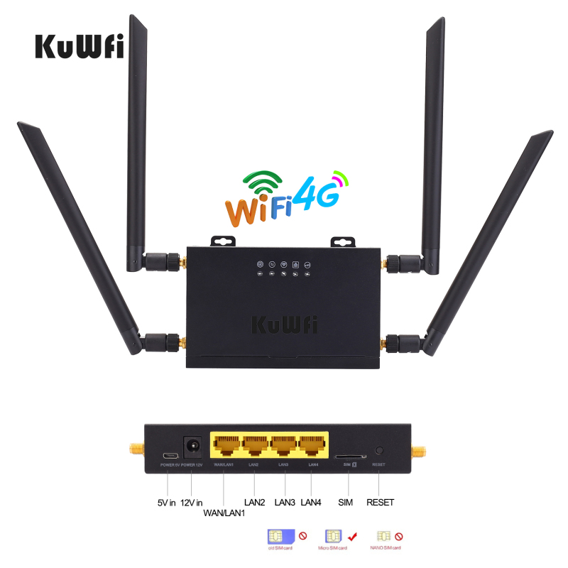 (EU version)KuWFi 4G LTE Car WiFi Wireless Router 300Mbps Cat 4 High Speed Industry CPE with SIM Card Slot and 4pcs External Antennas Support Europe