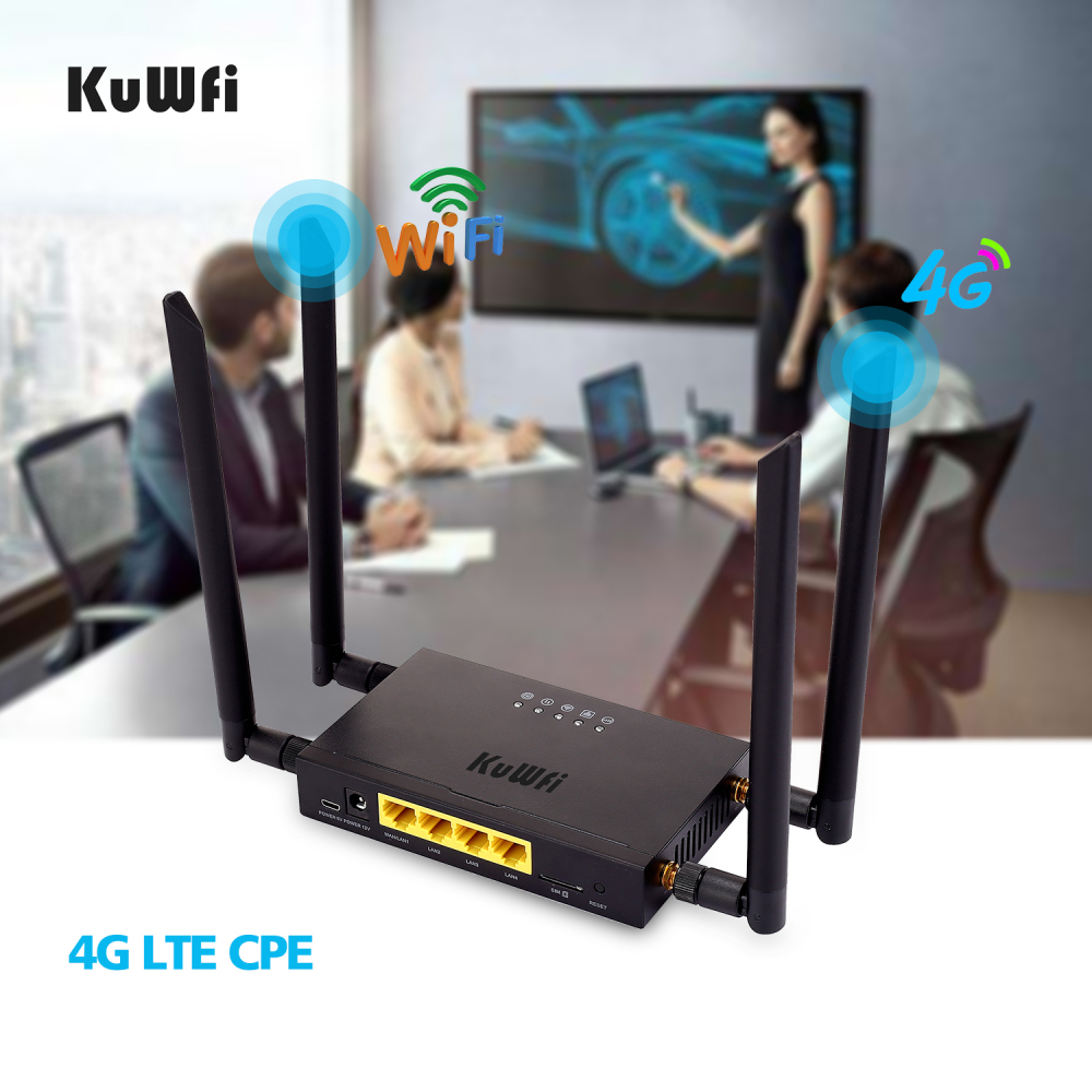 (EU version)KuWFi 4G LTE Car WiFi Wireless Router 300Mbps Cat 4 High Speed Industry CPE with SIM Card Slot and 4pcs External Antennas Support Europe