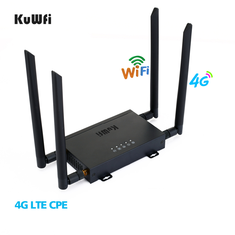 KuWFi 4G LTE Car WiFi Wireless Internet Router 300Mbps Cat 4 High Speed Industry CPE with SIM Card Slot and 4pcs External Antennas for USA