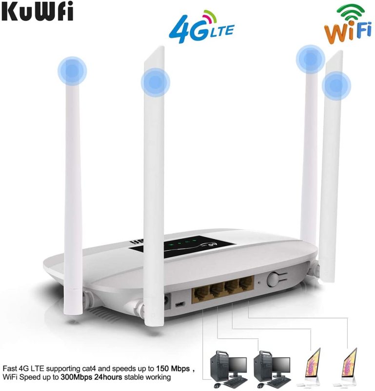 KuWFi 300Mbps 4G LTE CPE, Unlocked 4G CPE Wireless Router with SIM Card Solt with Antenna support 32Uusers