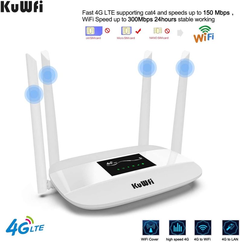 KuWFi 300Mbps 4G LTE CPE, Unlocked 4G CPE Wireless Router with SIM Card Solt with Antenna support 32Uusers