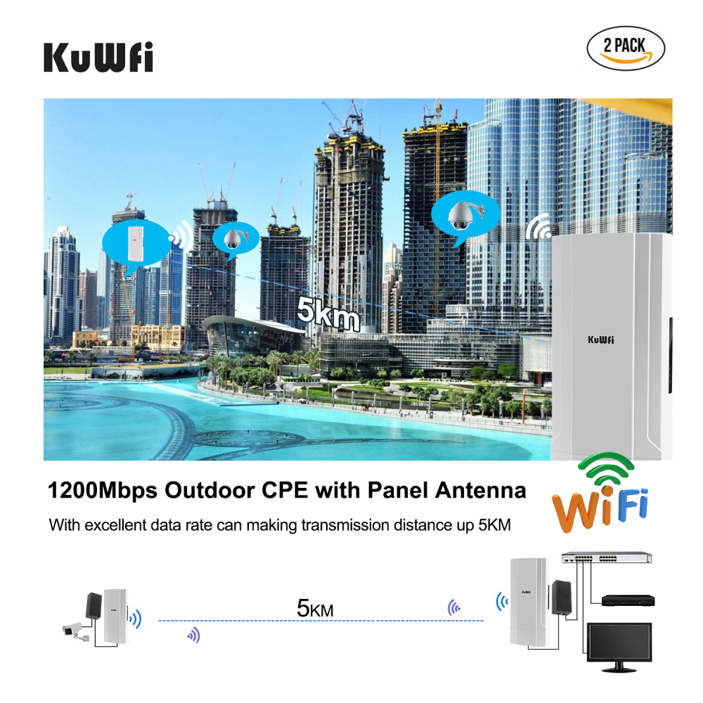 KuWFi 2-Pack Outdoor 5KM Point to Point Wireless Bridge High Power Wireless Access Point 11AC 1200Mbps 2.4&5.8G Extender WiFi Repeater for IP Camera
