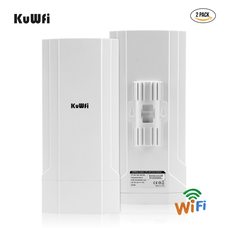 KuWFi 2-Pack Outdoor 5KM Point to Point Wireless Bridge High Power Wireless Access Point 11AC 1200Mbps 2.4&5.8G Extender WiFi Repeater for IP Camera