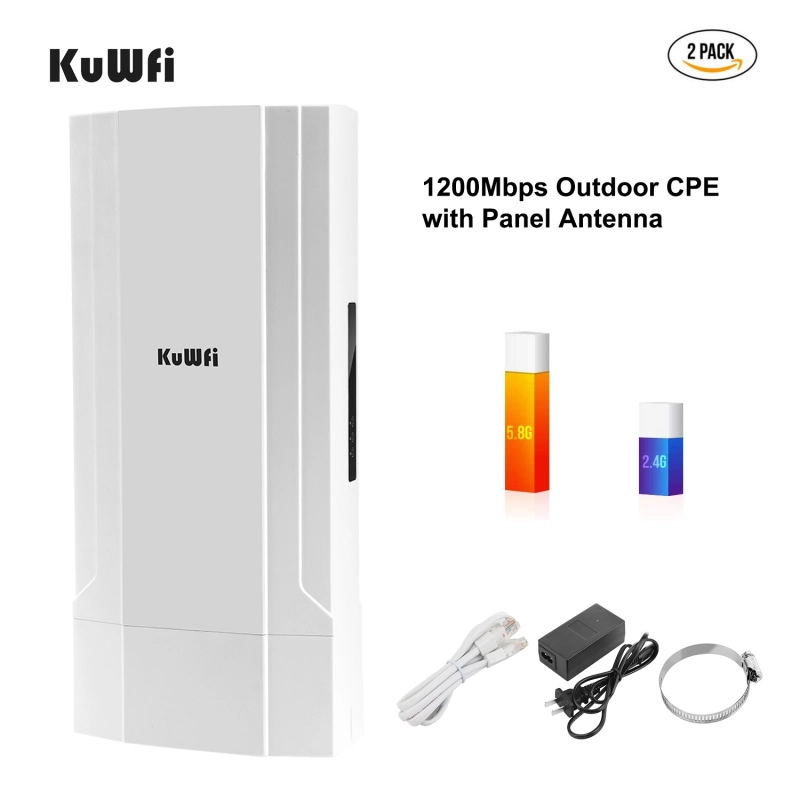 KuWFi 2-Pack Outdoor 5KM Point to Point Wireless Bridge High Power Wireless Access Point 11AC 1200Mbps 2.4&5.8G Extender WiFi Repeater for IP Camera