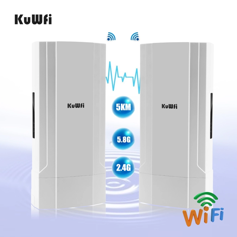 KuWFi 2-Pack Outdoor 5KM Point to Point Wireless Bridge High Power Wireless Access Point 11AC 1200Mbps 2.4&5.8G Extender WiFi Repeater for IP Camera