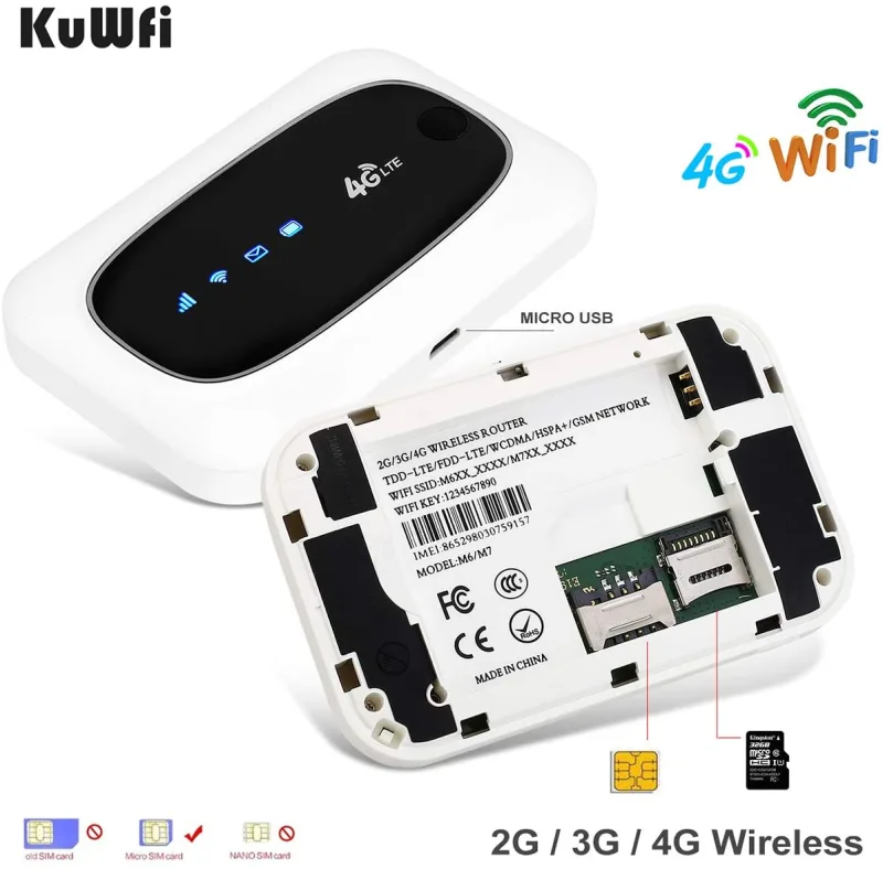 wireless router KuWFi 4G LTE Mobile WiFi Hotspot Travel Router Partner Wireless SIM Routers with SD SIM Card Slot Support LTE FDD/TDD Work for USA/CA/