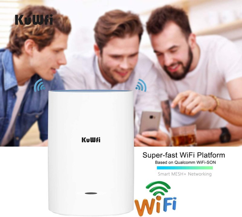 KuWFi 3-Pack Tri-Band Whole Home Mesh WiFi System with AC2200 Speed Gigabit Mesh WiFi 5 Router & Extender Replacement Covers up to 6500 sq.ft Tri-Band