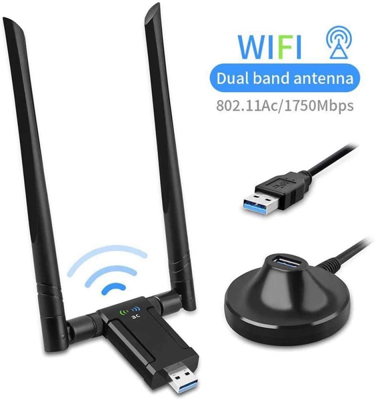 KuWFi 1750Mbps USB WiFi Adapter 5.8G 2.4G Dual Band 5dBi WiFi Antenna USB3.0 Wireless Network Card for Desktop Windows XP/Vista/7/8/10 Linux Mac