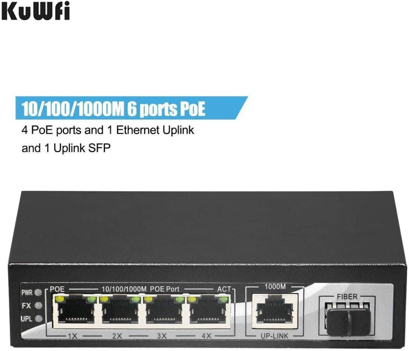 KuWFi firmware Gigabit Ethernet Network Switch Plug &amp; Play High Speed with 4 PoE Ports and 1 Ethernet Uplink and 1 Uplink Fiber for IP Camera and Acce