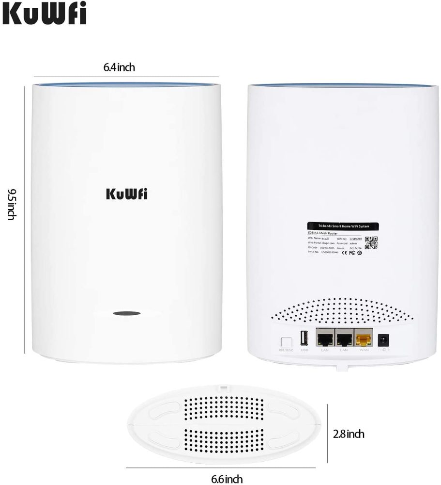 KuWFi 3-Pack Tri-Band Whole Home Mesh WiFi System with AC2200 Speed Gigabit Mesh WiFi 5 Router & Extender Replacement Covers up to 6500 sq.ft Tri-Band