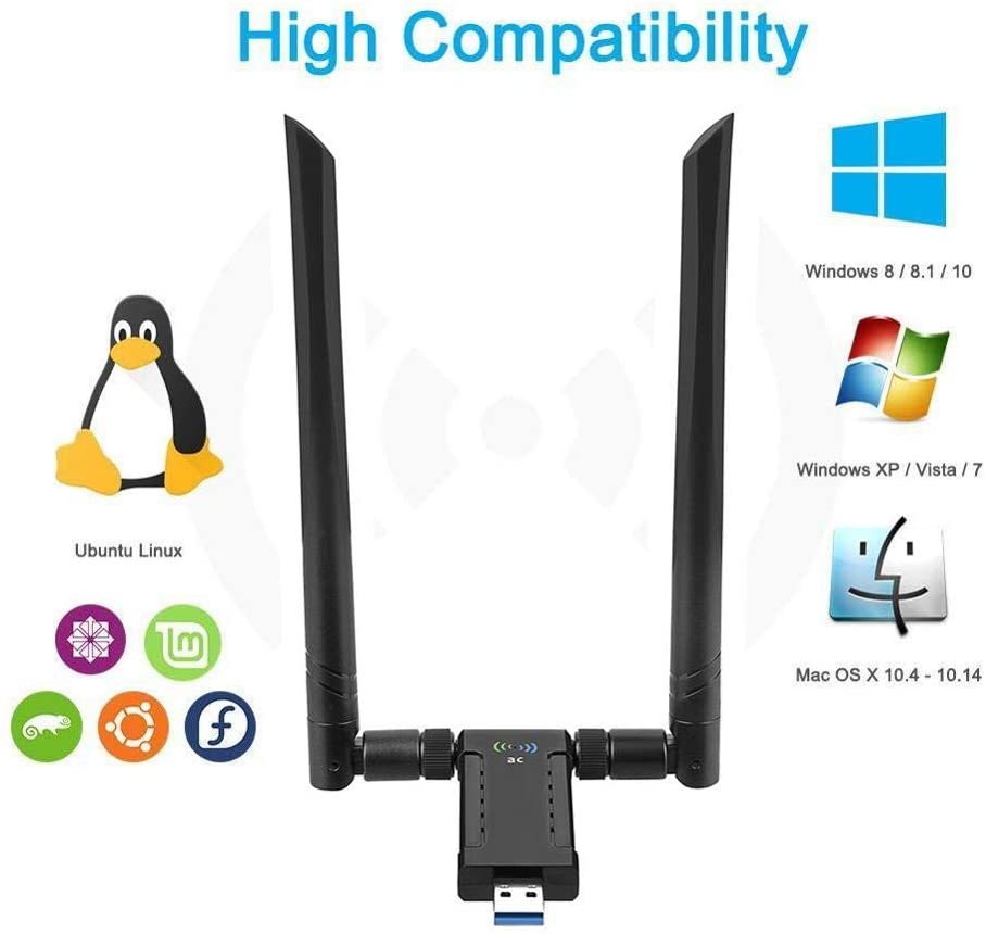 KuWFi 1750Mbps USB WiFi Adapter 5.8G 2.4G Dual Band 5dBi WiFi Antenna USB3.0 Wireless Network Card for Desktop Windows XP/Vista/7/8/10 Linux Mac