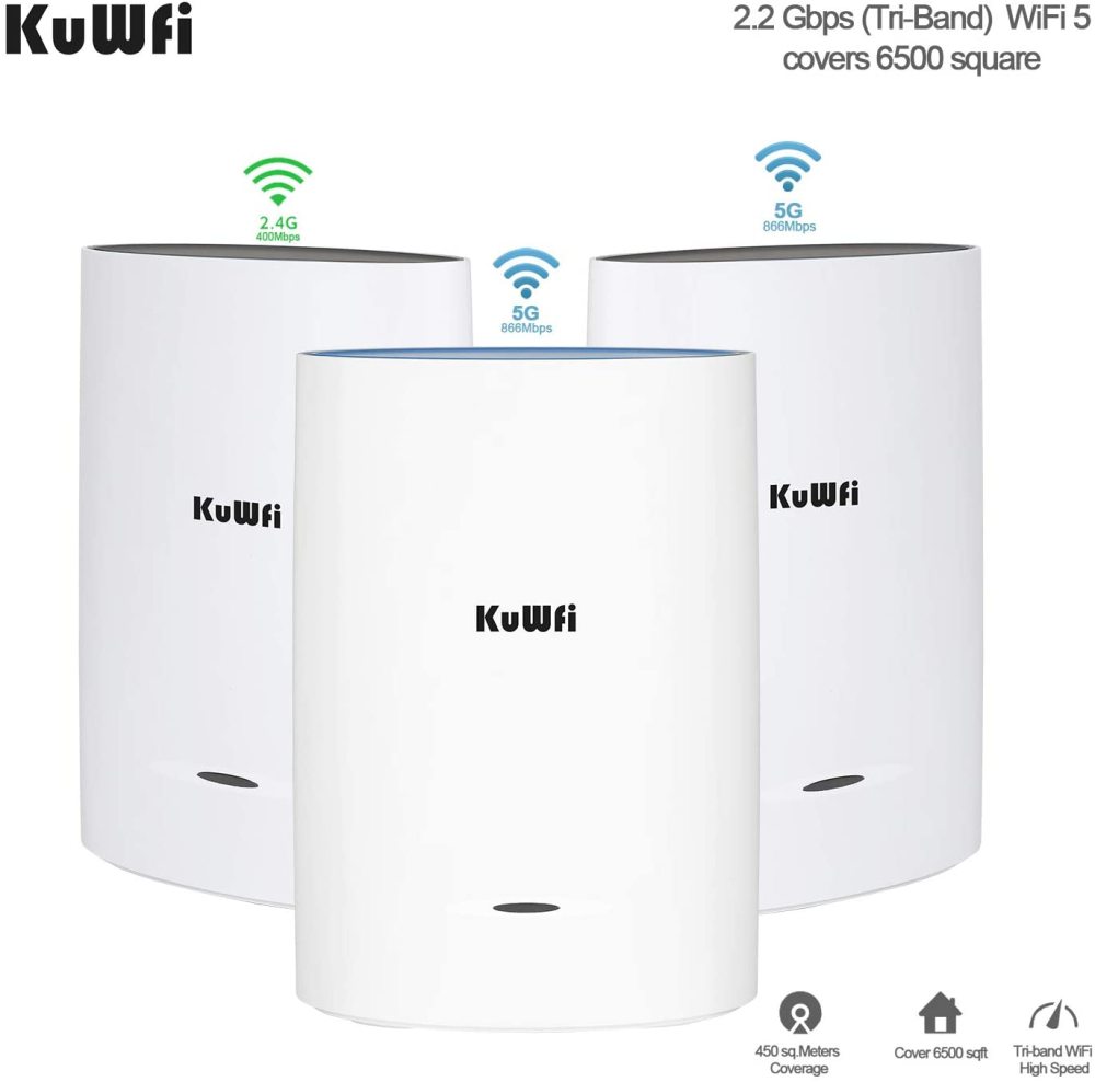 KuWFi 3-Pack Tri-Band Whole Home Mesh WiFi System with AC2200 Speed Gigabit Mesh WiFi 5 Router & Extender Replacement Covers up to 6500 sq.ft Tri-Band