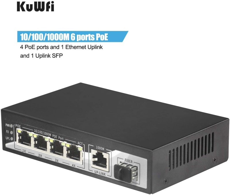 KuWFi firmware Gigabit Ethernet Network Switch Plug &amp; Play High Speed with 4 PoE Ports and 1 Ethernet Uplink and 1 Uplink Fiber for IP Camera and Acce