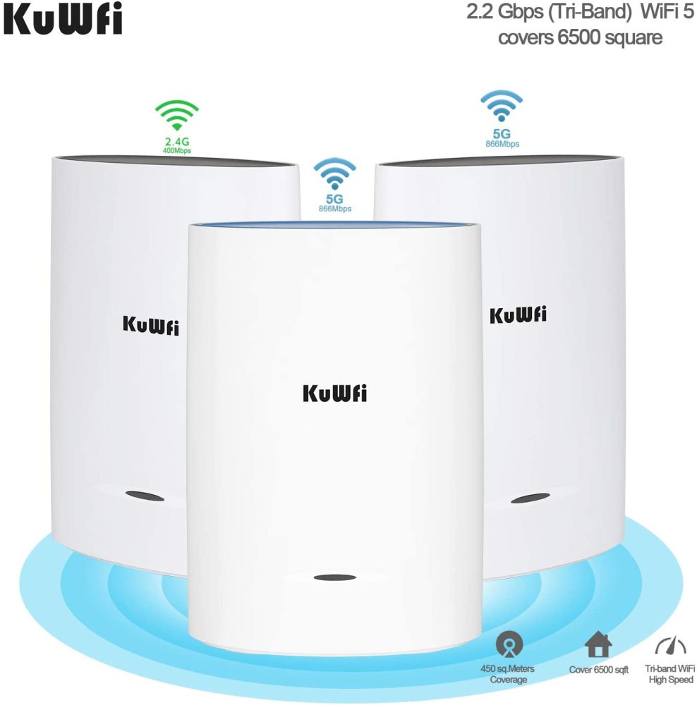KuWFi 3-Pack Tri-Band Whole Home Mesh WiFi System with AC2200 Speed Gigabit Mesh WiFi 5 Router & Extender Replacement Covers up to 6500 sq.ft Tri-Band