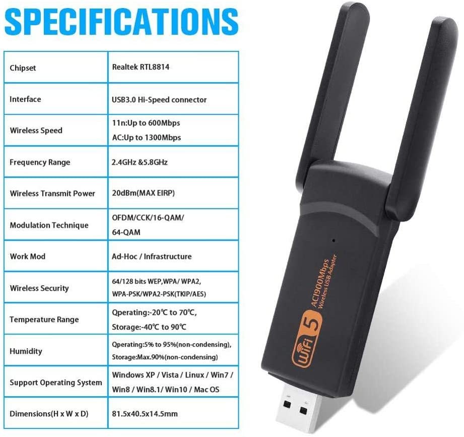 KuWFi USB3.0 WiFi Adapter 1900Mbps Dual Band 2.4Ghz + 5.8Ghz Wi-fi Dongle Computer 802.11AC Network Card with 2 Antennas Hi-Speed for business trip