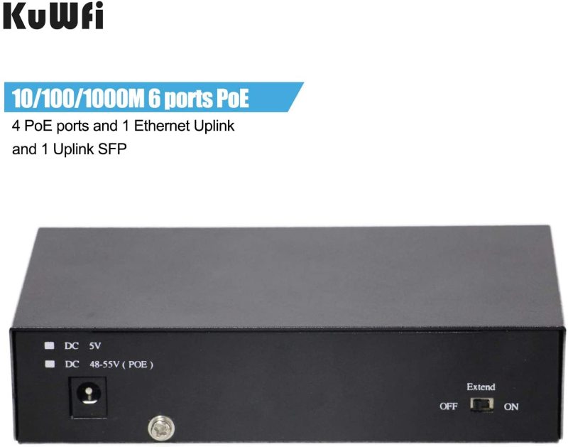 KuWFi firmware Gigabit Ethernet Network Switch Plug &amp; Play High Speed with 4 PoE Ports and 1 Ethernet Uplink and 1 Uplink Fiber for IP Camera and Acce